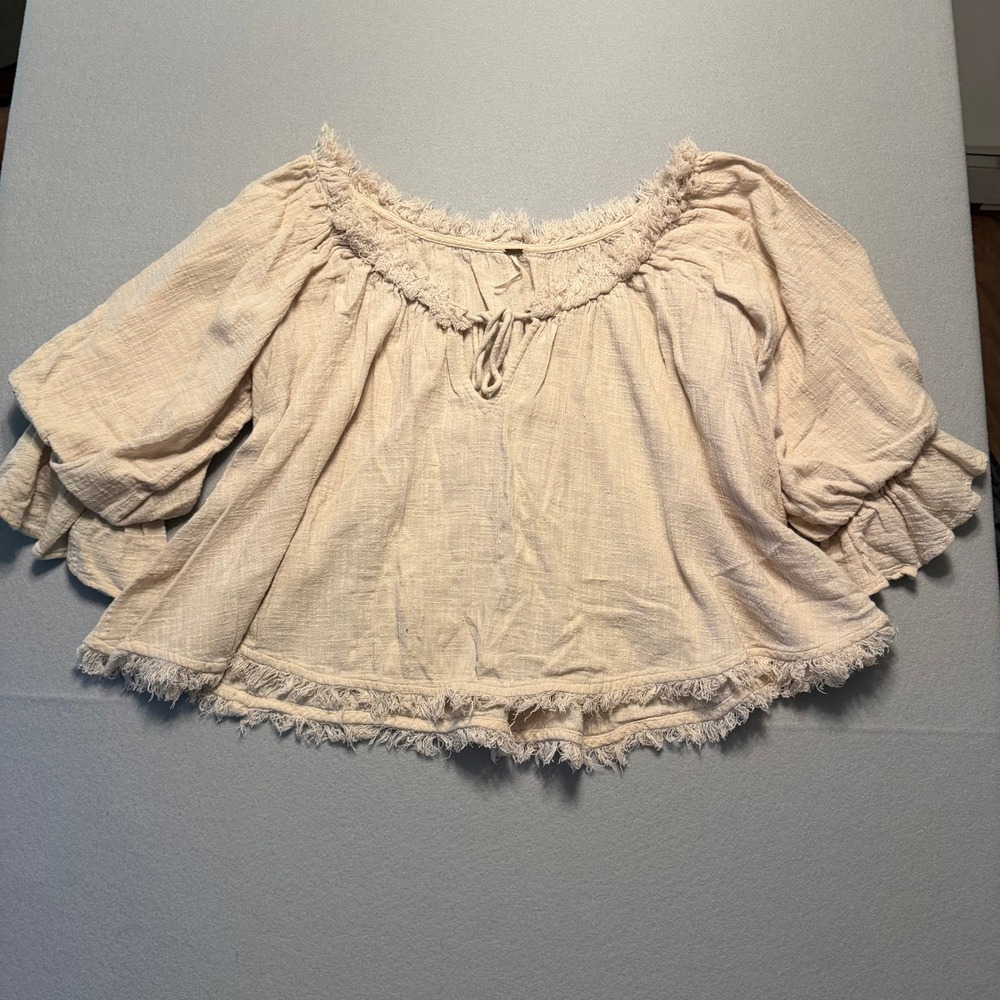 Free People Boho Frayed Gauze Peasant Blouse Top Beige Women Size Medium
